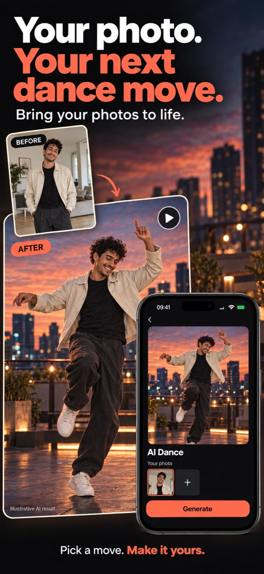 A standing portrait turned into an AI dance video