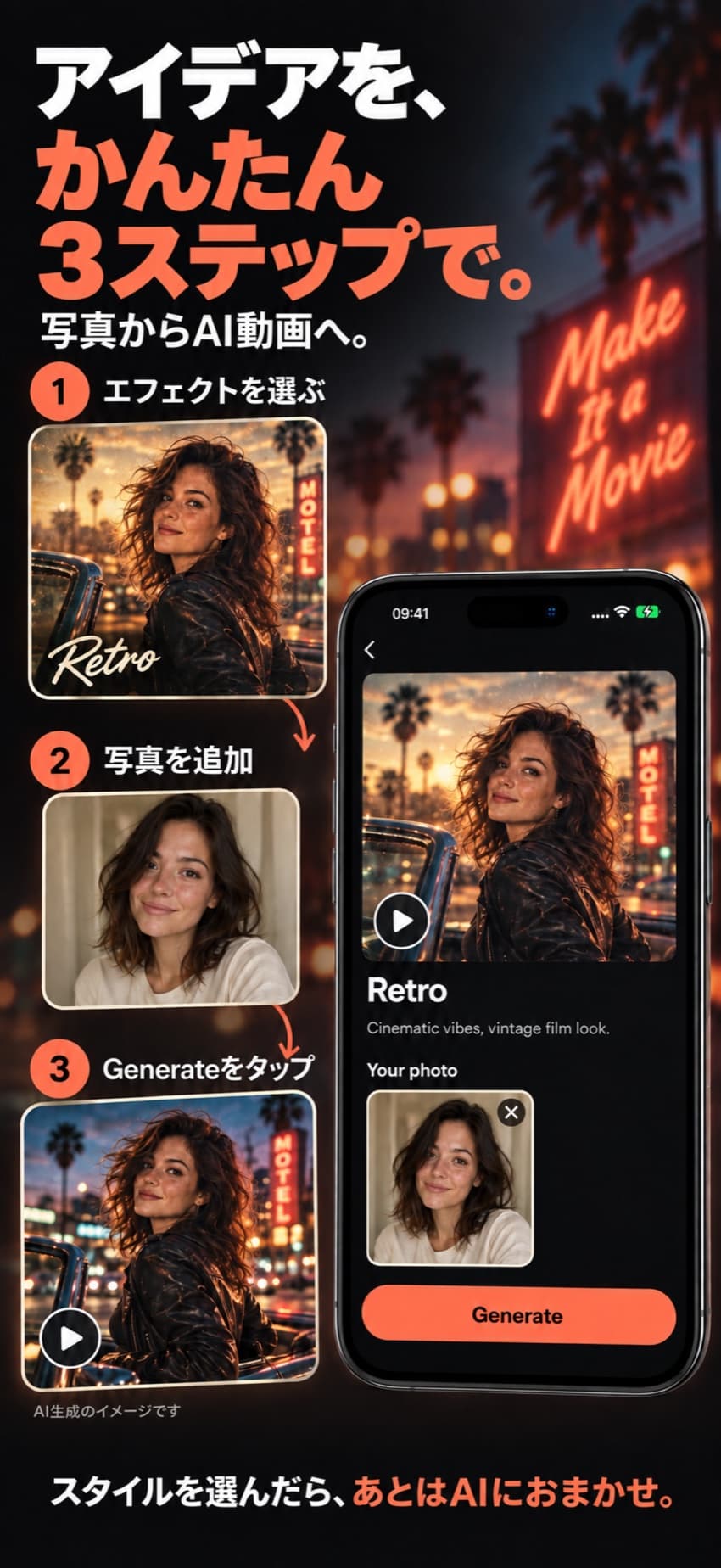 3つのステップ：エフェクトを選ぶ、写真を追加する、Generateをタップする
