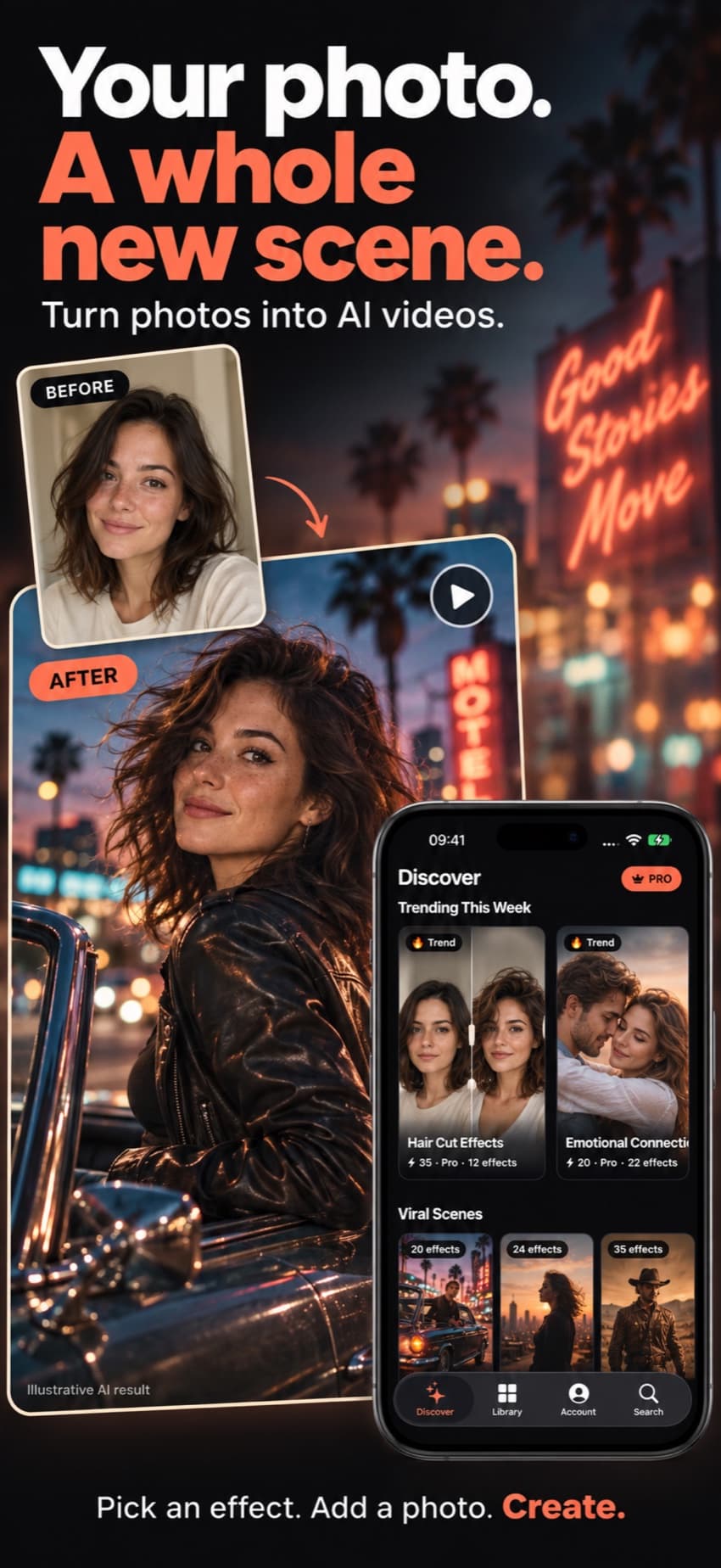 A portrait photo turned into a cinematic AI video scene, next to the Discover screen