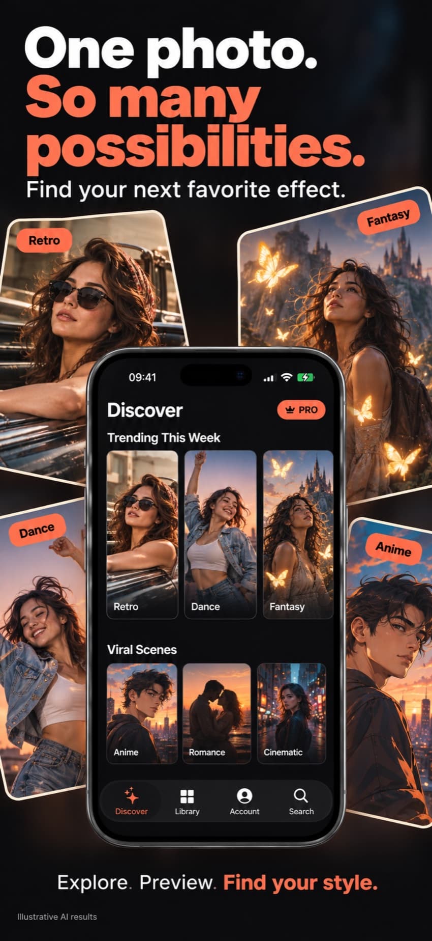 Retro, dance, fantasy and anime effects in the Discover screen
