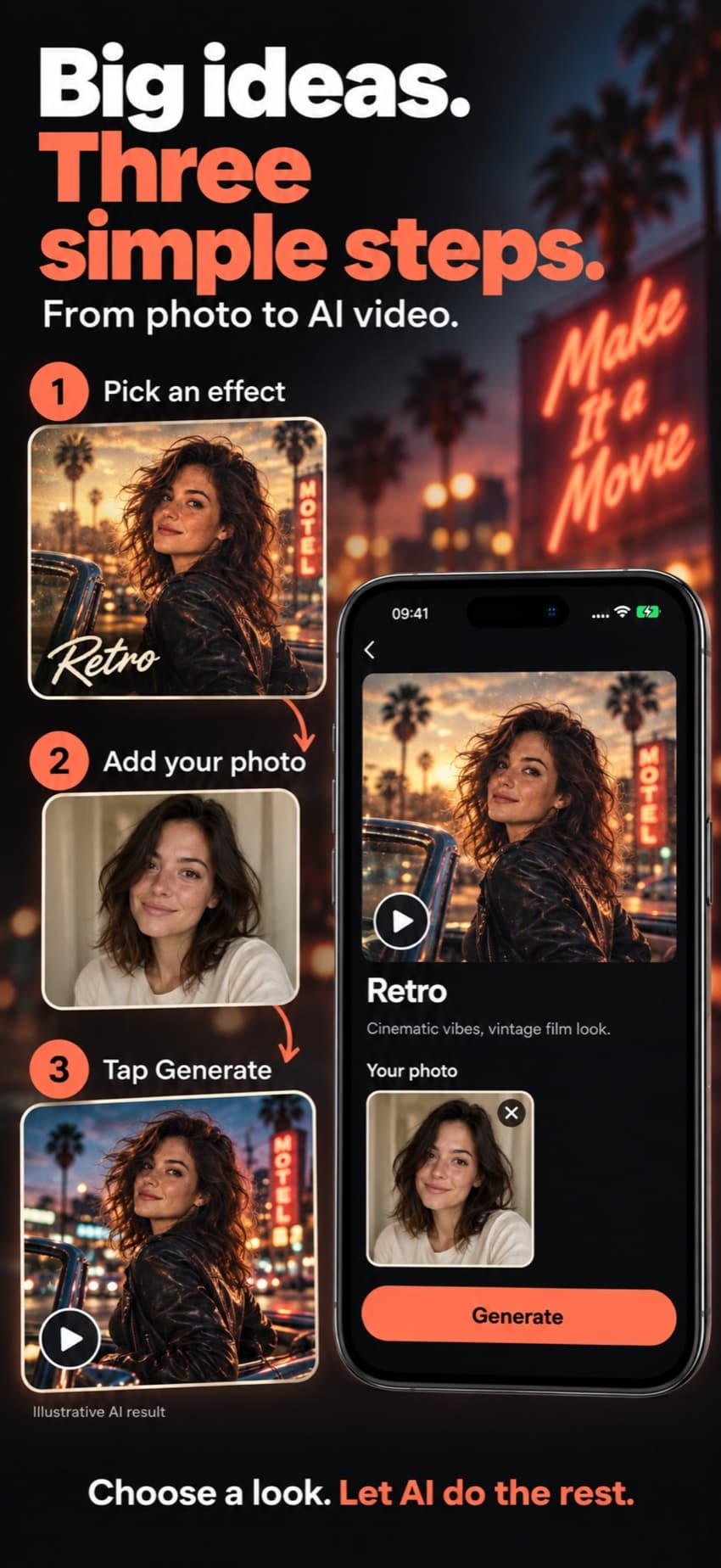 Three steps: pick an effect, add your photo, tap Generate